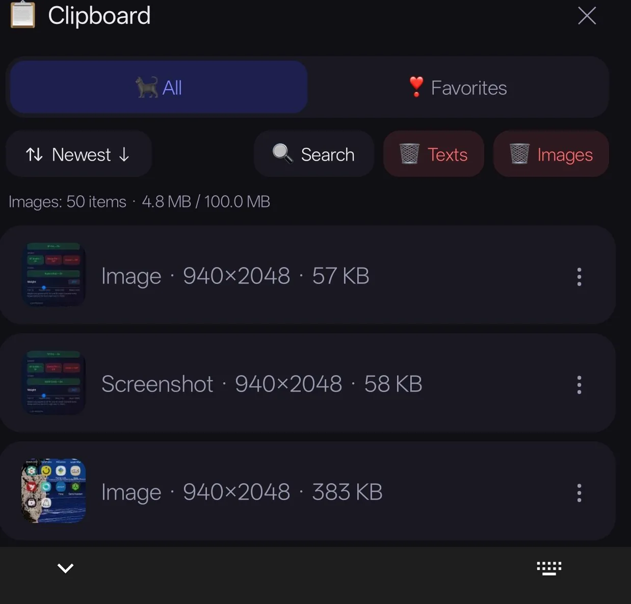 Clipboard history with text and image entries.