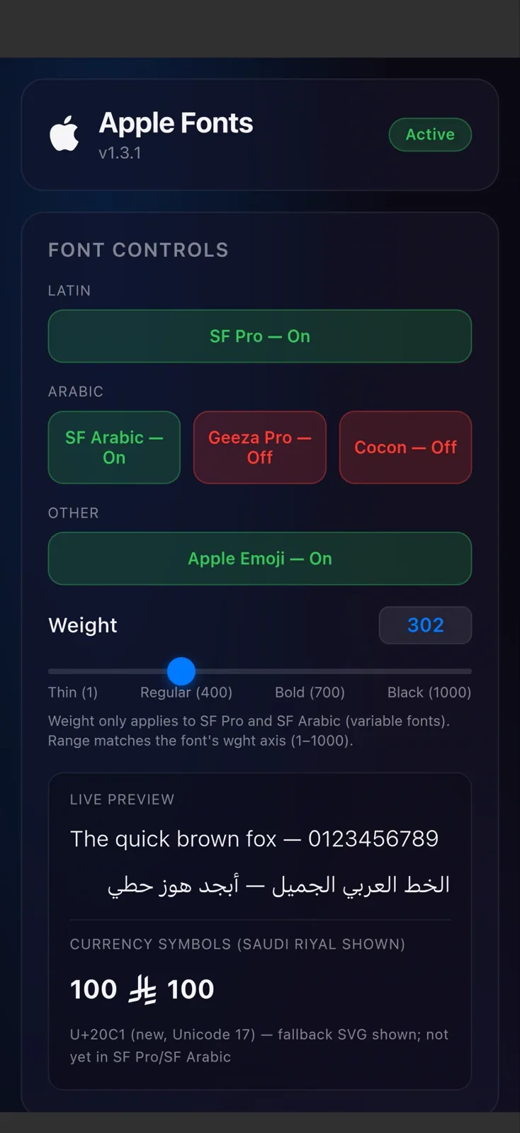 The live WebUI with per-font toggles and the weight slider.